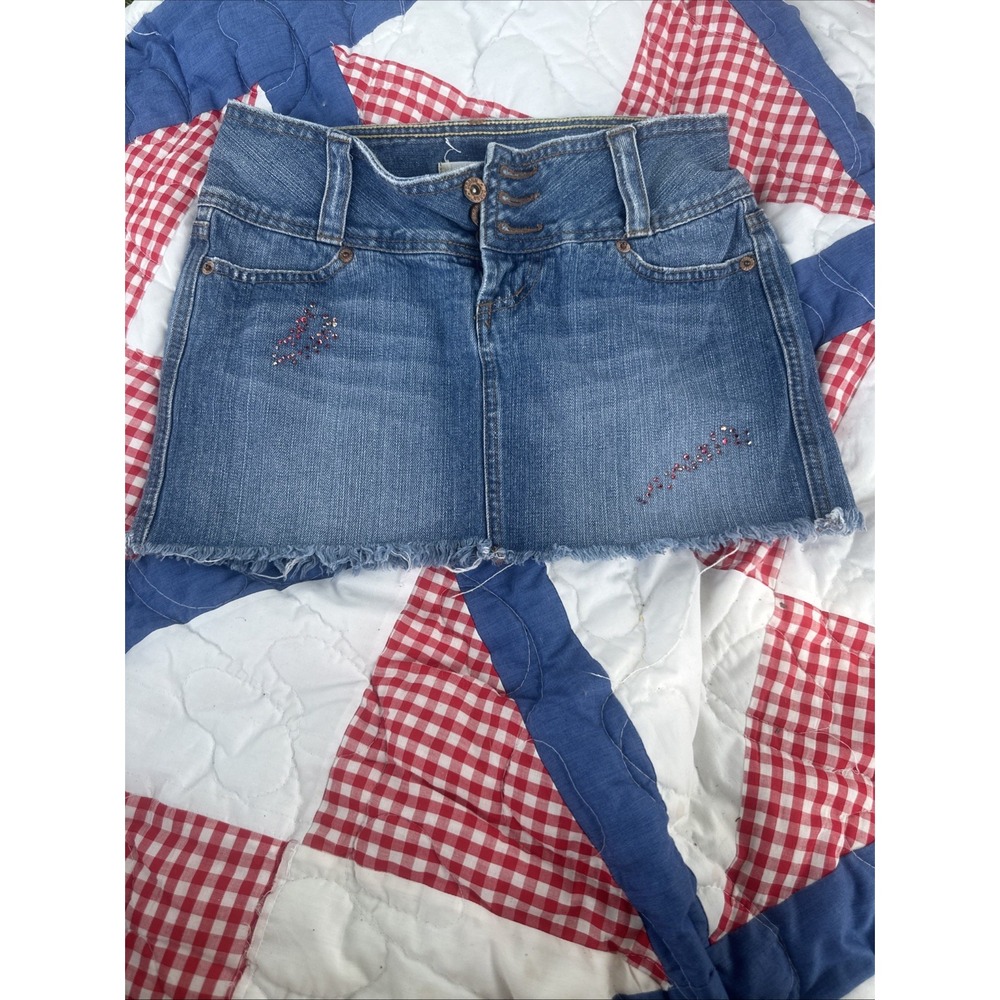 Vintage Y2K Bongo Juniors Blue Cotton Denim Raw Hem Mini Jean Skirt Size 1